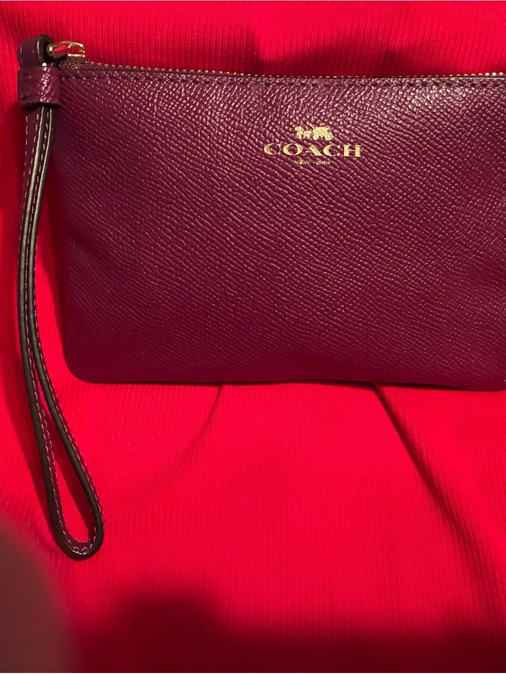 Coach Pebble Leather Wristlet Clutch in Burgundy with Gold Logo